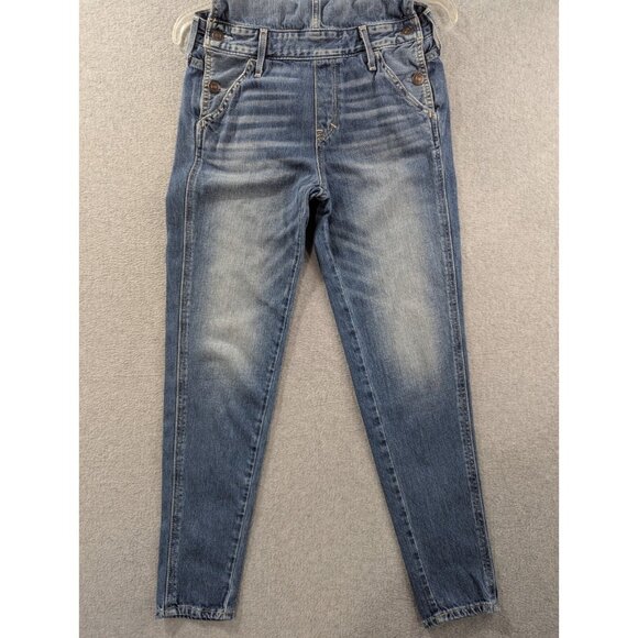 Ambercrombie Fitch Denim Bib Overalls Womens SZ XS Blue Whiskers Tapered Classic - Picture 3 of 15